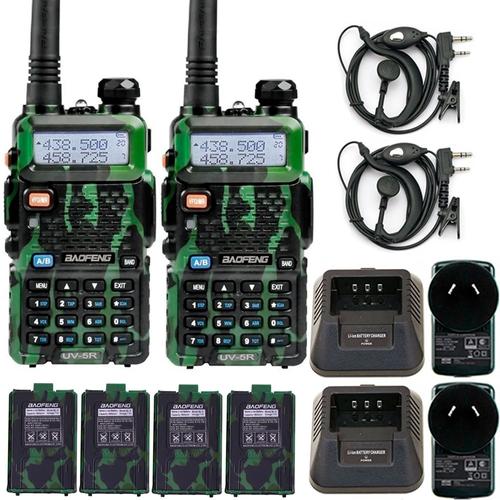 Handy Baofeng UV-5R 8w Camuflado Bi-Banda Kit x2 Hasta 12km + 4 Baterías y 2 Manos Libres