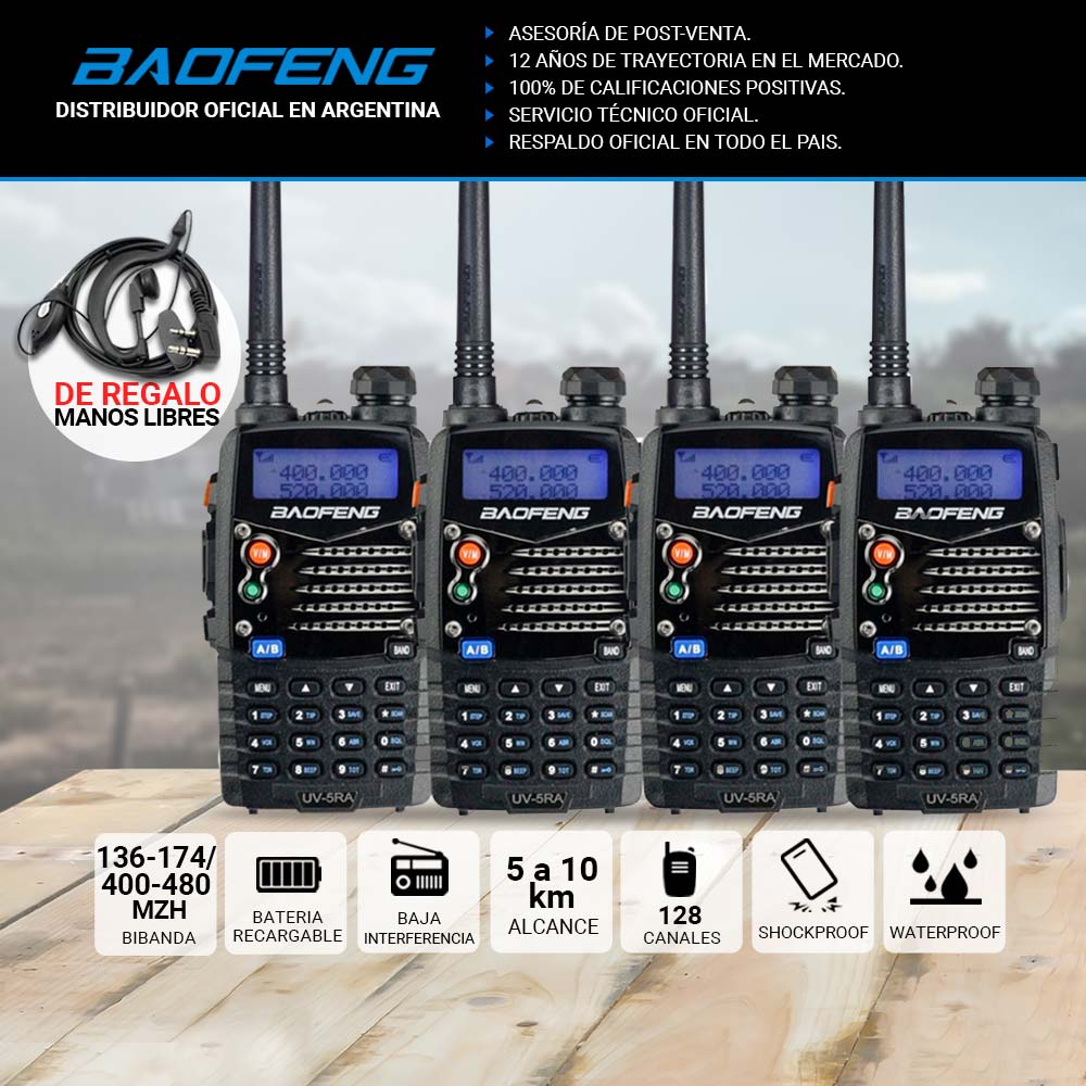 Handy Baofeng UV-5RA Kit x4 Bi-Banda 5w 128CH Hasta 10km + 8 Baterías y 4 Manos Libres - Imagen 2