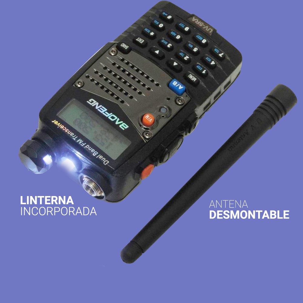 Handy Baofeng UV-5RA Kit x4 Bi-Banda 5w 128CH Hasta 10km + 8 Baterías y 4 Manos Libres