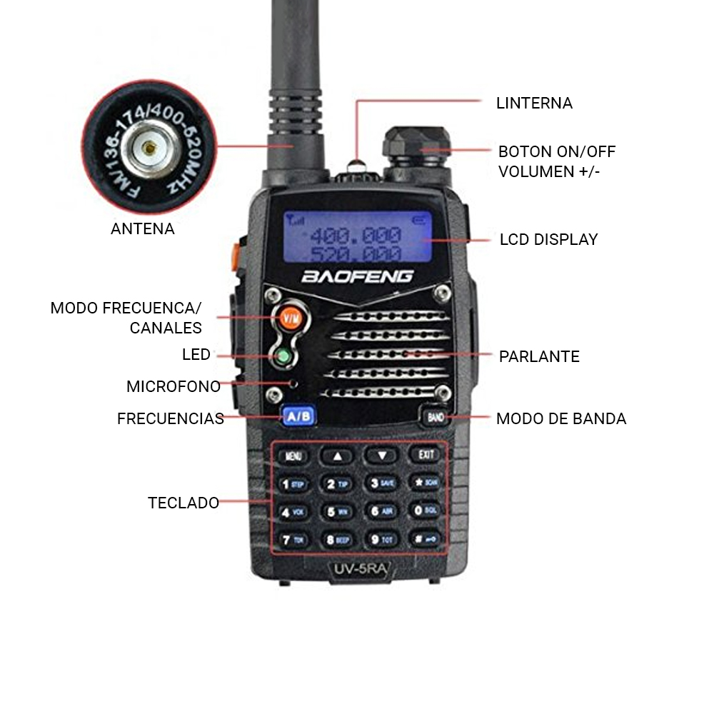 Handy Baofeng UV-5RA Kit x4 Bi-Banda 5w 128CH Hasta 10km + 8 Baterías y 4 Manos Libres - Imagen 6