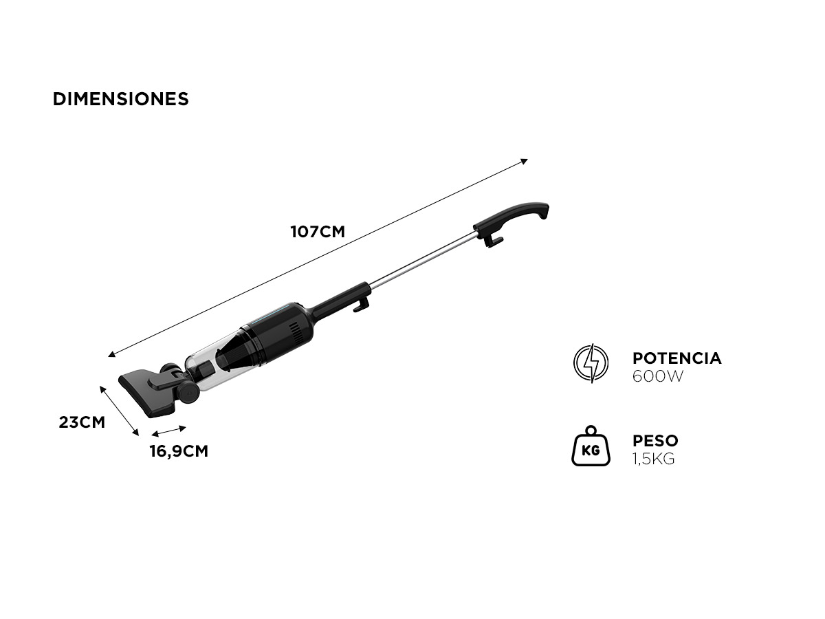 Aspiradora Gadnic 2 En 1 Vertical Y De Mano 600W 15Kpa Filtro HEPA Lavable Cable 5m Deposito 1L - Imagen 6