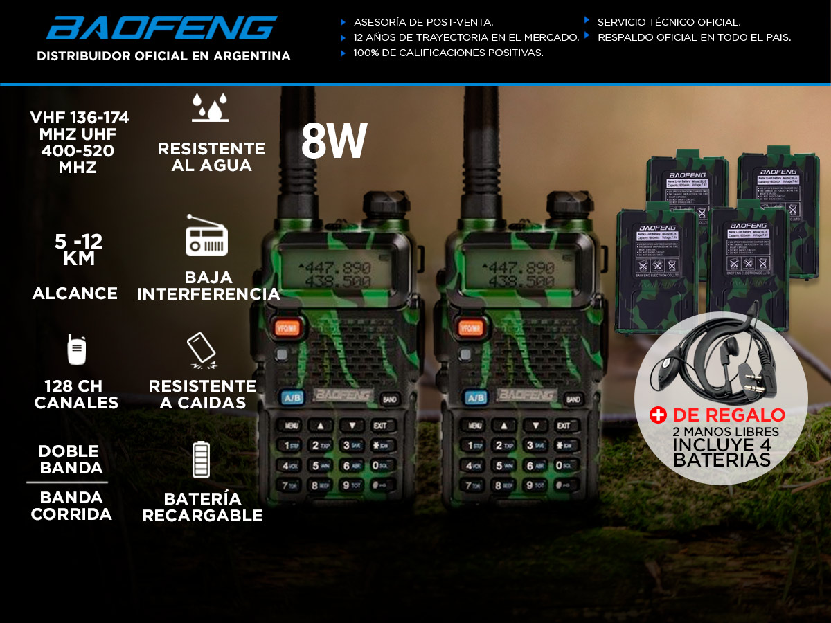 Handy Baofeng UV-5R 8w Camuflado Bi-Banda Kit x2 Hasta 12km + 4 Baterías y 2 Manos Libres - Imagen 2