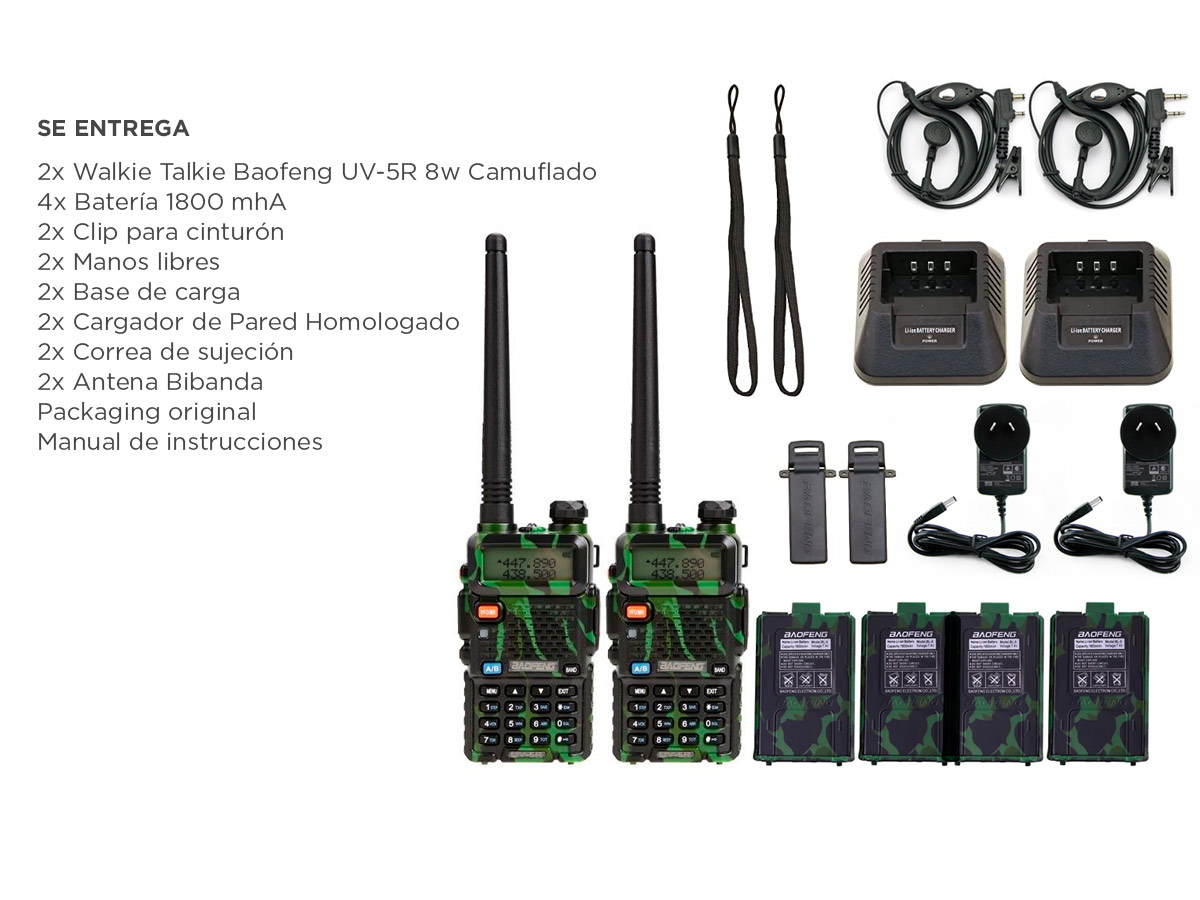 Handy Baofeng UV-5R 8w Camuflado Bi-Banda Kit x2 Hasta 12km + 4 Baterías y 2 Manos Libres - Imagen 6