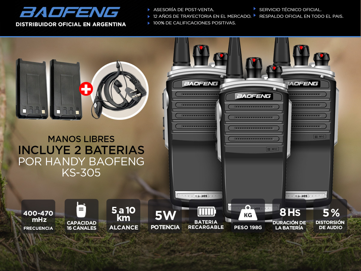 Handy Baofeng KS-305 Profesional Kit x3 5w Hasta 10km + 6 Baterías y 3 Manos Libres - Imagen 2