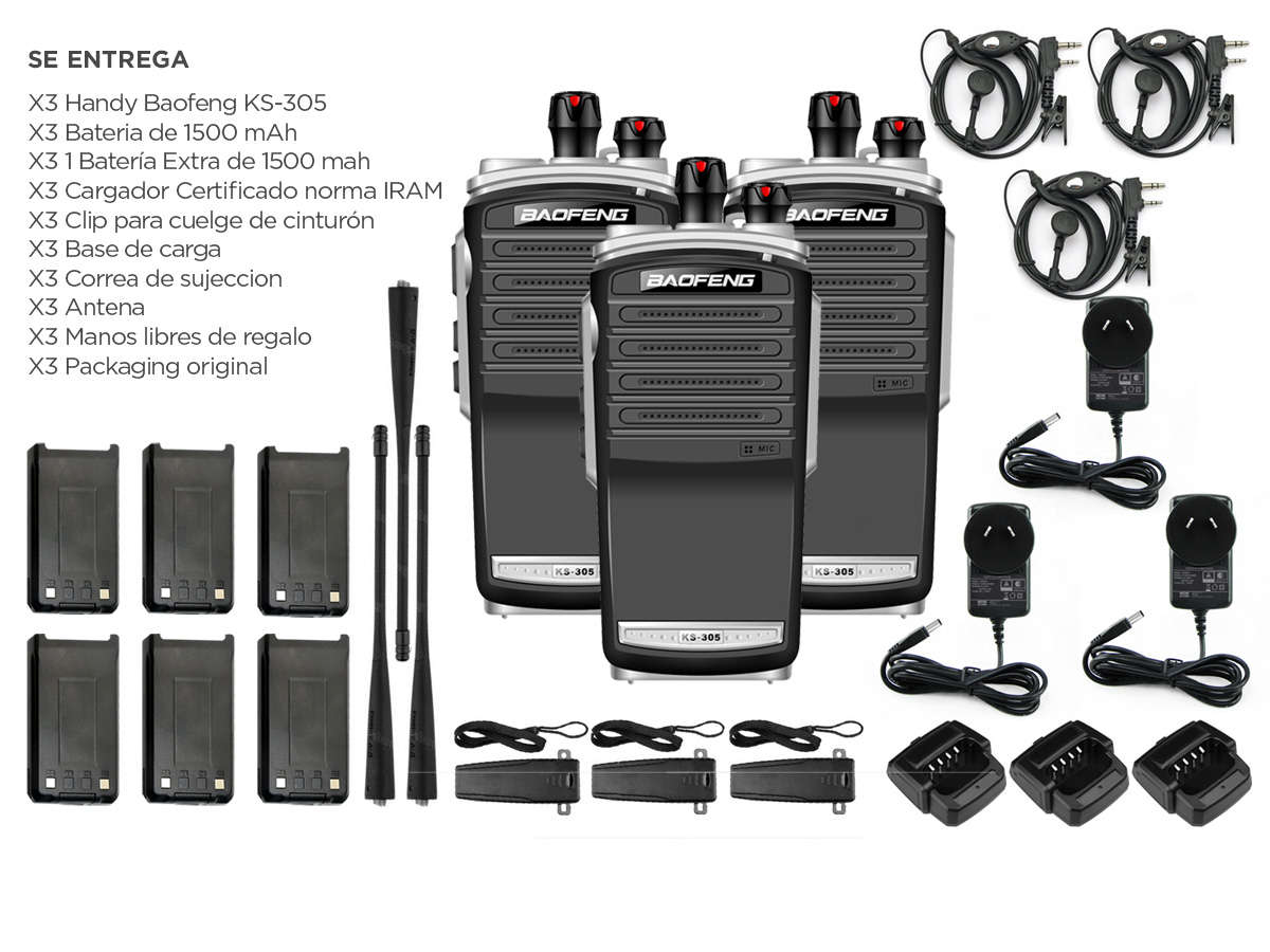 Handy Baofeng KS-305 Profesional Kit x3 5w Hasta 10km + 6 Baterías y 3 Manos Libres - Imagen 6