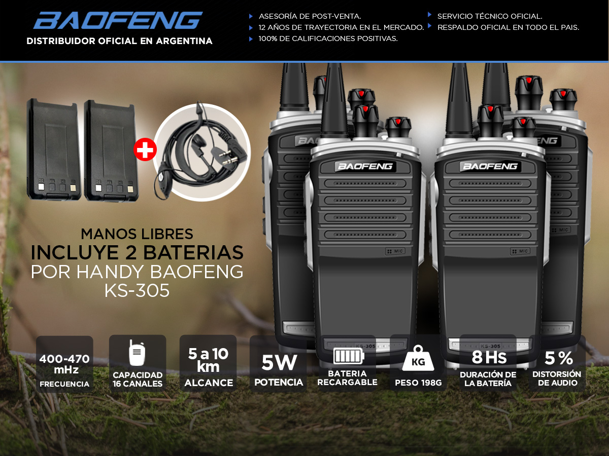 Handy Baofeng KS-305 Profesional Kit x4 5w Hasta 10km + 8 Baterías y 4 Manos Libres - Imagen 2