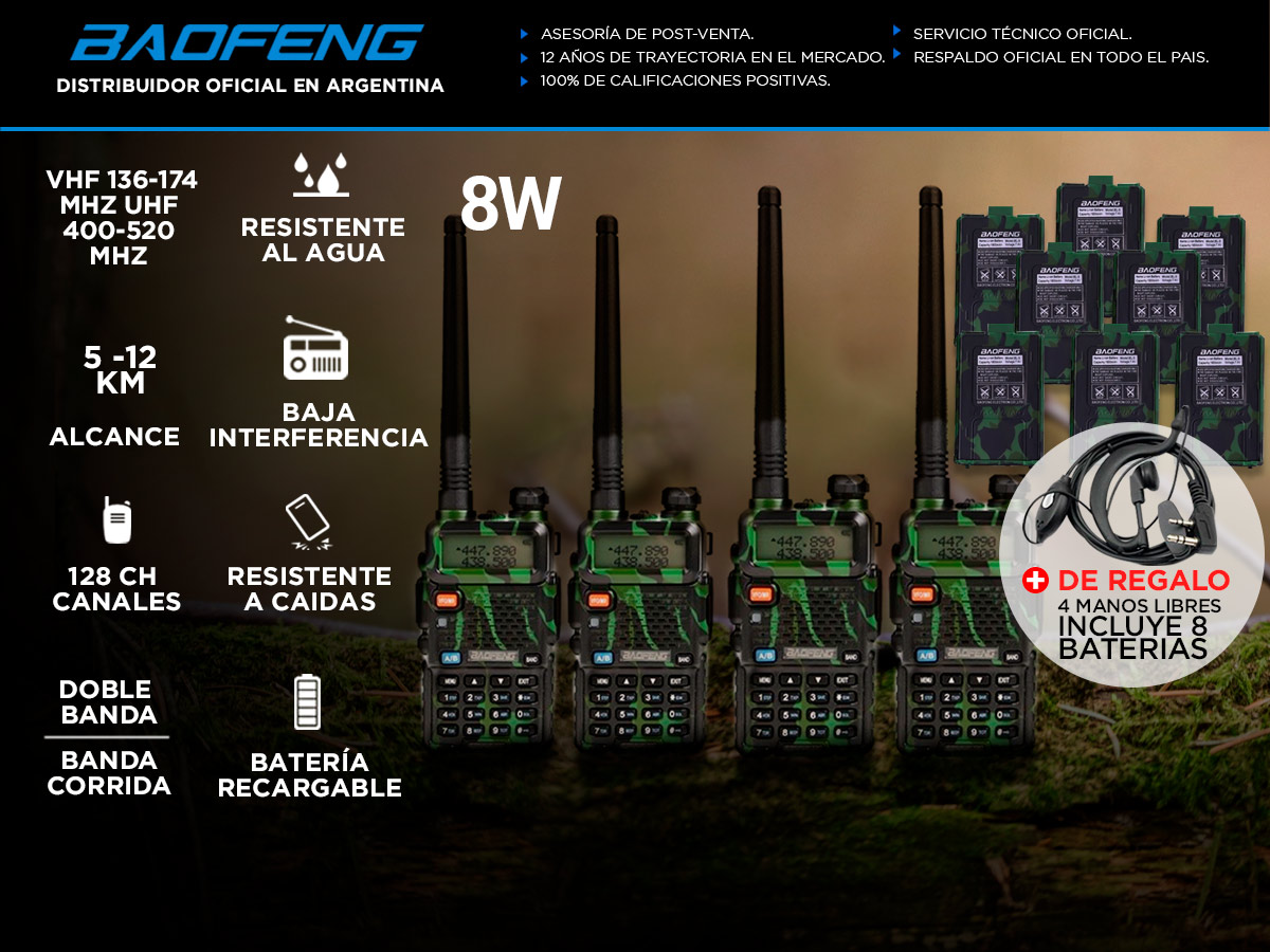 Handy Baofeng UV-5R 8w Camuflado Bi-Banda Kit x4 Hasta 12km + 8 Baterías y 4 Manos Libres - Imagen 2