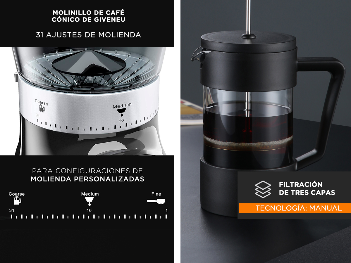 KIT Molinillo De Cafe Profesional CG165 Cafetera Manual Francesa Gadnic - Imagen 5
