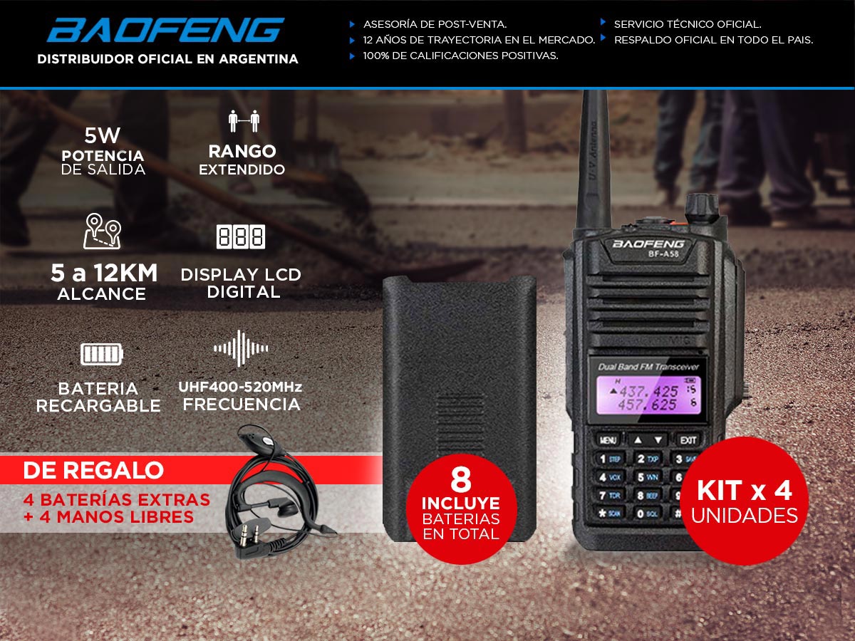 Handy Baofeng A-58 Kit x4 Bi-Banda 5w 128CH Hasta 12km + 8 Baterías y 4 Manos Libres - Imagen 2