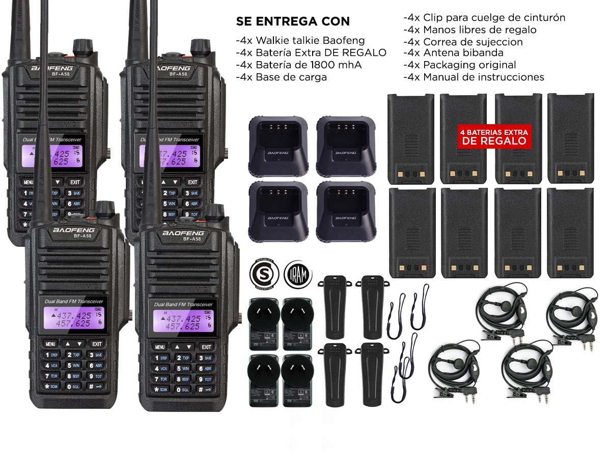Handy Baofeng A-58 Kit x4 Bi-Banda 5w 128CH Hasta 12km + 8 Baterías y 4 Manos Libres - Imagen 7