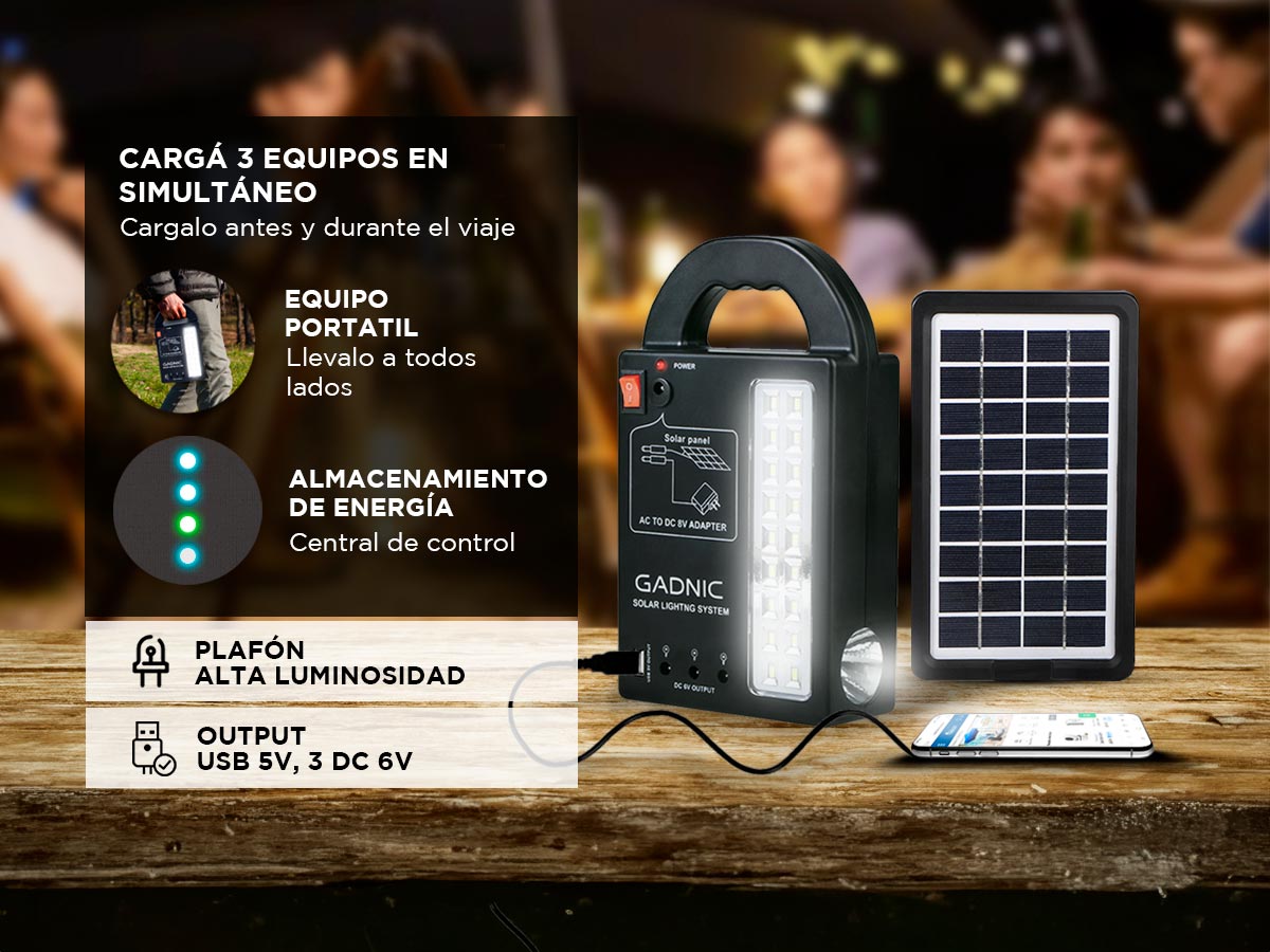 Luz De Emergencia Solar Gadnic LM1K Portatil Con Panel Cargador USB Y 3 Focos LED - Imagen 3
