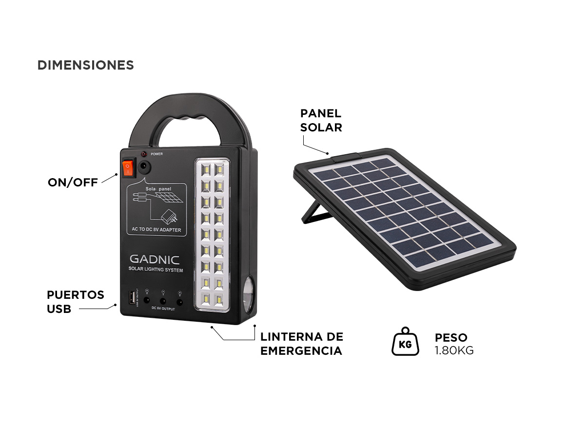 Luz De Emergencia Solar Gadnic LM1K Portatil Con Panel Cargador USB Y 3 Focos LED - Imagen 6