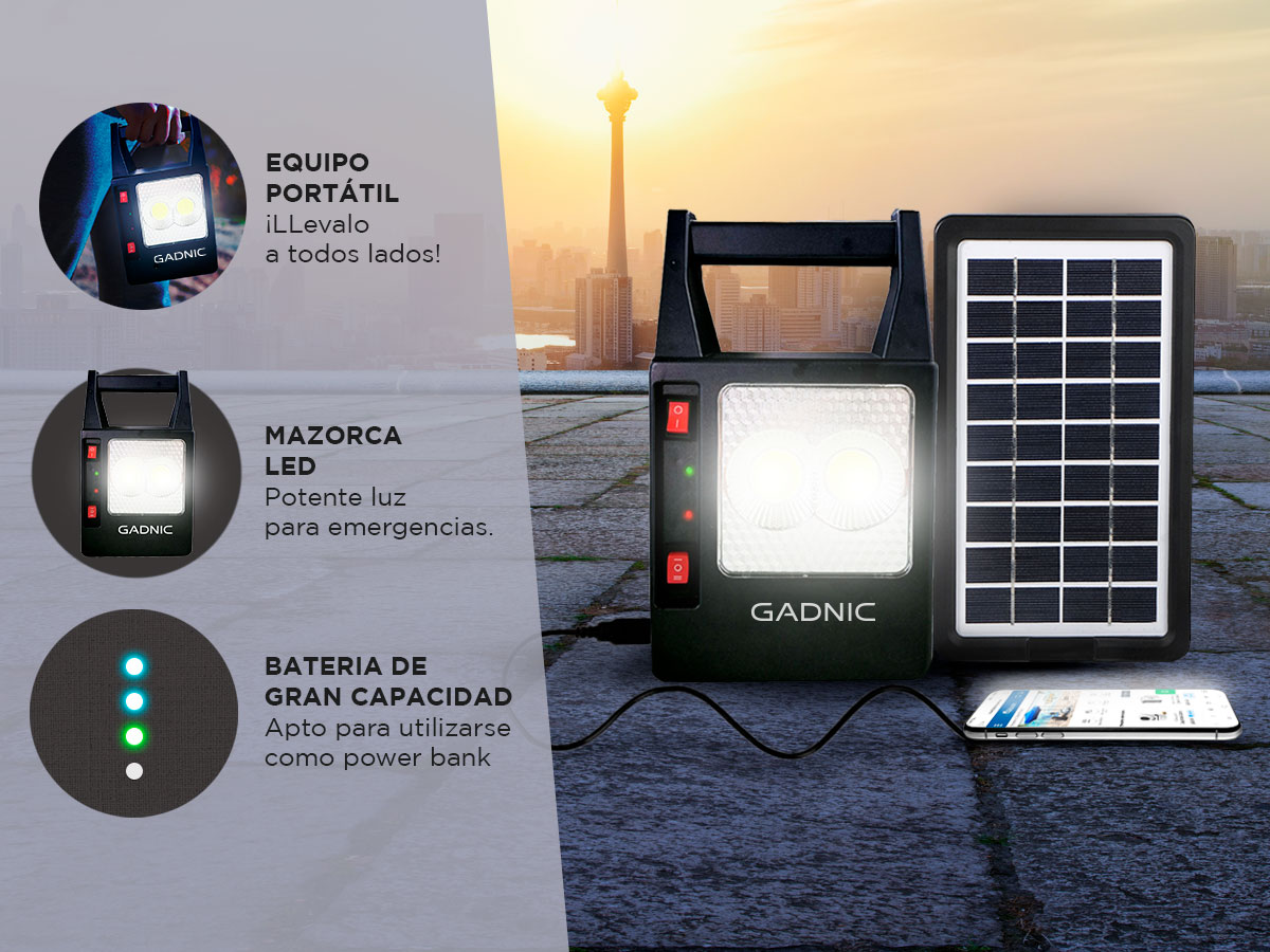 Luz de Emergencia Portátil Gadnic Panel Solar Con USB 3 Lámparas LED - Imagen 4