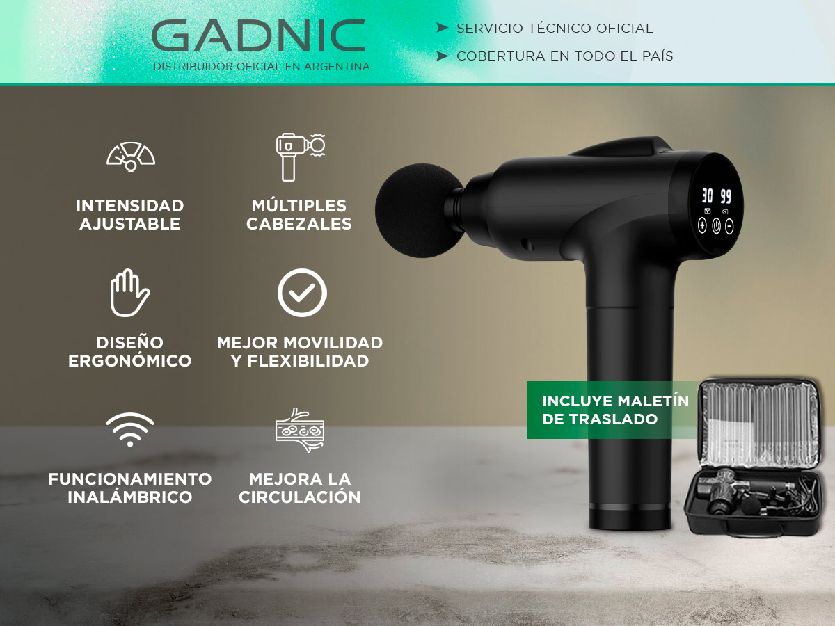 Pistola Masajeadora Muscular Gadnic Inalambrica 30W 30 Velocidades Bateria Recargable Pantalla Tactil 10 Cabezales - Imagen 2