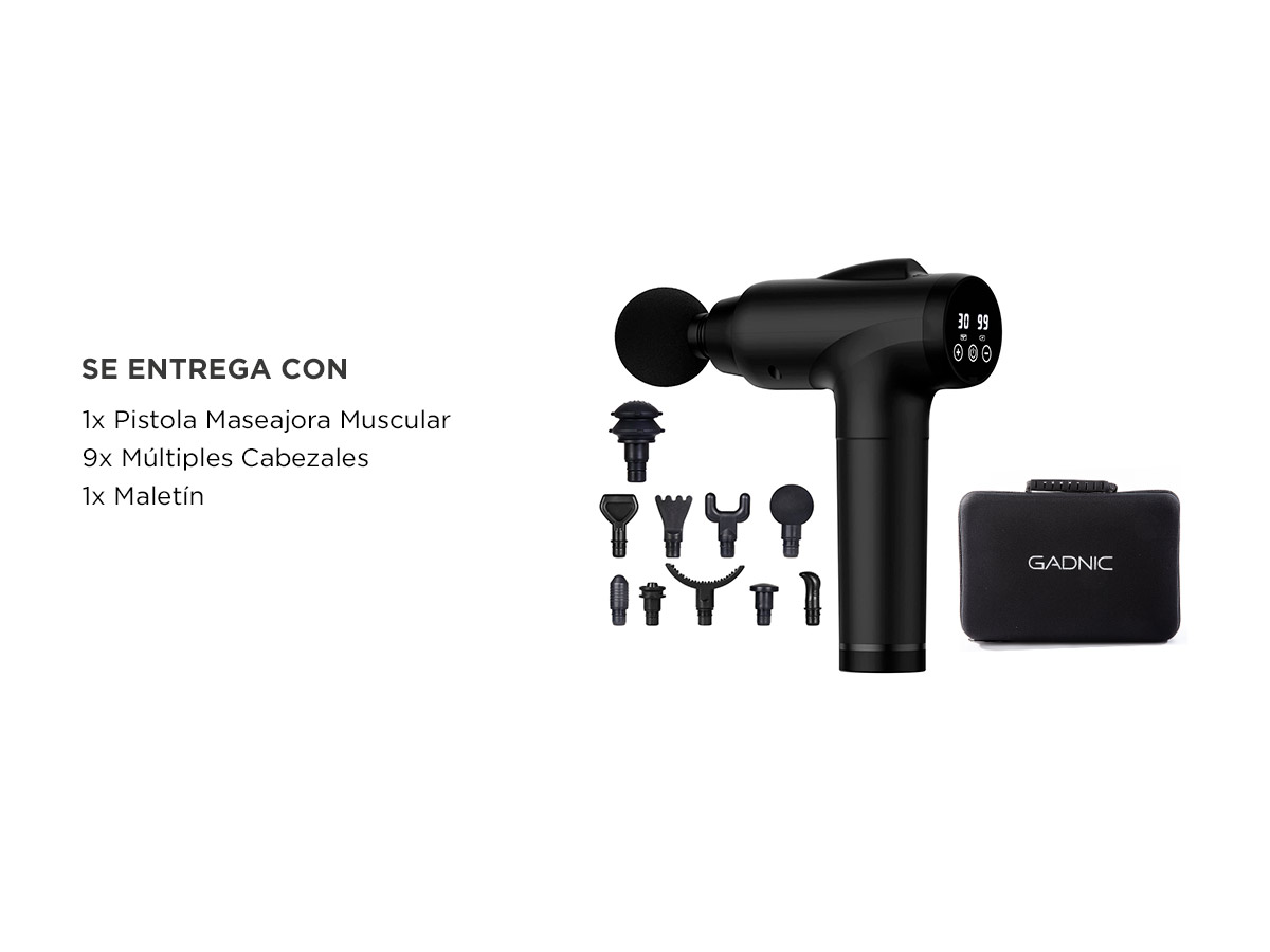 Pistola Masajeadora Muscular Gadnic Inalambrica 30W 30 Velocidades Bateria Recargable Pantalla Tactil 10 Cabezales - Imagen 6