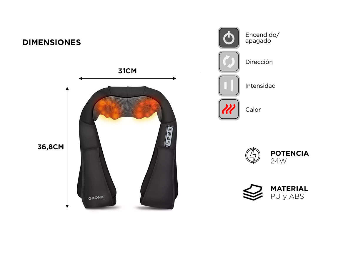 Masajeador Cervical y Lumbar Gadnic 8 Rodillos Bidireccionales Rotación 4D Luz Infrarroja Velocidad Variable - Imagen 5