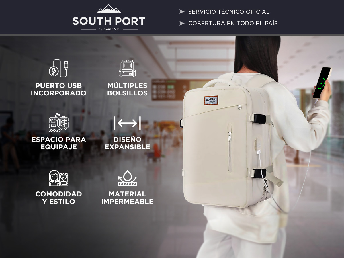 Mochila de Viaje South Port MCH228 Expansible Para Equipaje Con Puerto USB Impermeable - Imagen 2