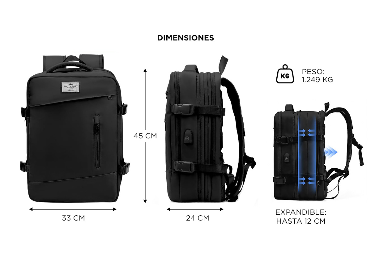 Mochila de Viaje South Port MCH228 Expansible Para Equipaje Con Puerto USB Impermeable - Imagen 5
