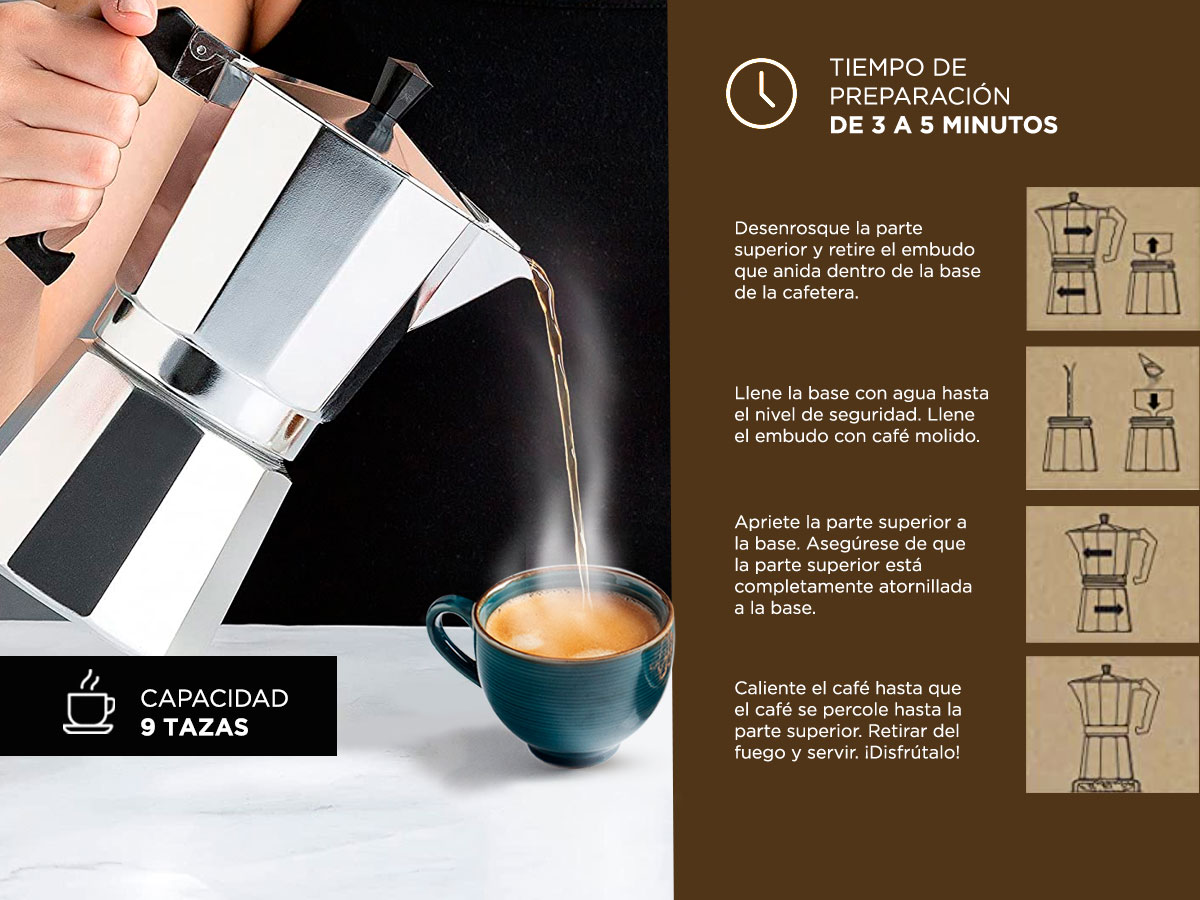 Cafetera Gadnic Moka Express manual plateada italiano 9 Tazas - Imagen 4