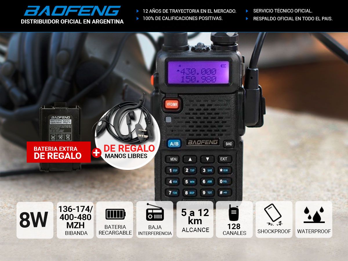 Handy Baofeng UV-5R Kit Bi-Banda 8w Hasta 12km 2 Baterías y Manos Libres - Imagen 2