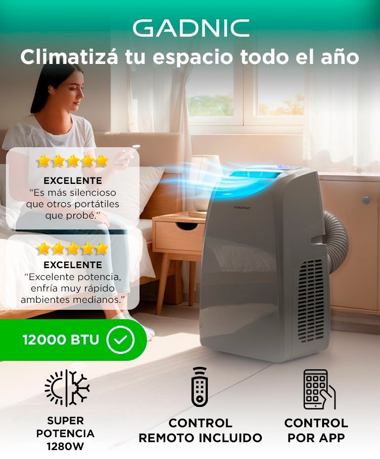 Aire Acondicionado Portátil Gadnic 1280W Frio Calor WIFI Control Remoto App Tuya - Imagen 2