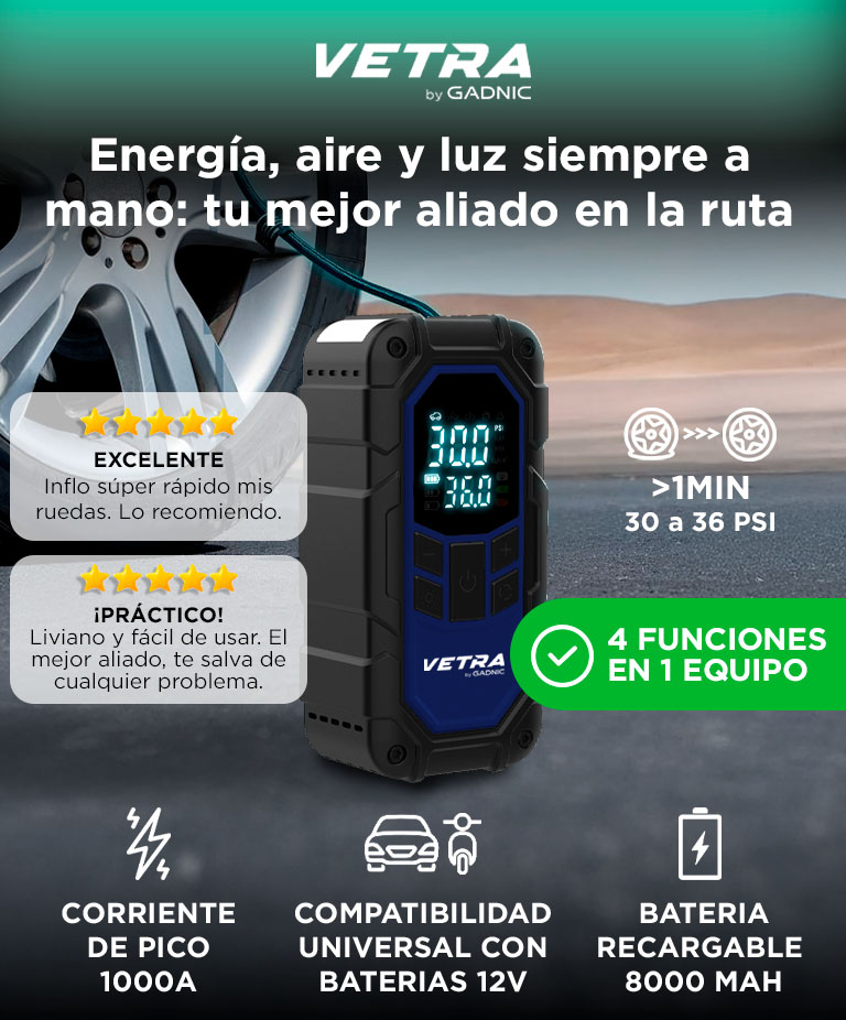 Cargador Arrancador De Batería De Autos Vetra By Gadnic Inflador Portátil 12V 150 PSI 4 En 1 Compresor - Imagen 2