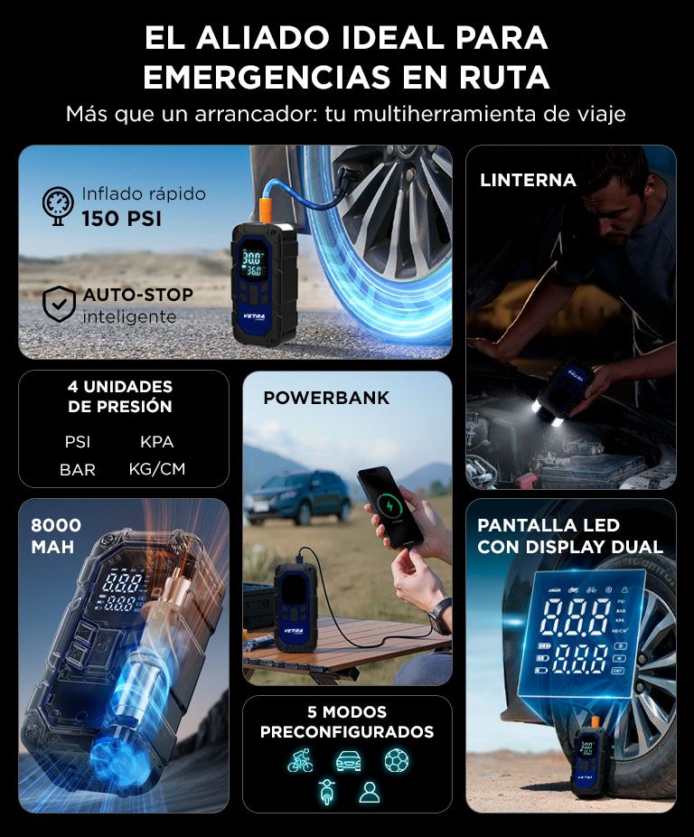 Cargador Arrancador De Batería De Autos Vetra By Gadnic Inflador Portátil 12V 150 PSI 4 En 1 Compresor - Imagen 4