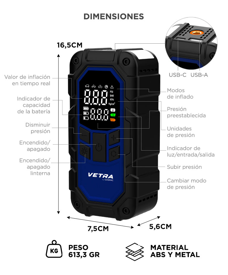 Cargador Arrancador De Batería De Autos Vetra By Gadnic Inflador Portátil 12V 150 PSI 4 En 1 Compresor - Imagen 6