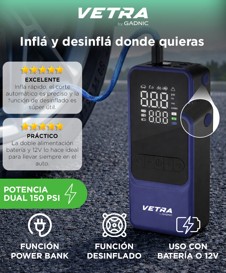 Inflador Portátil Vetra By Gadnic 150 PSI Digital Bateria Recargable Función Desinflado Linterna LED - Imagen 2