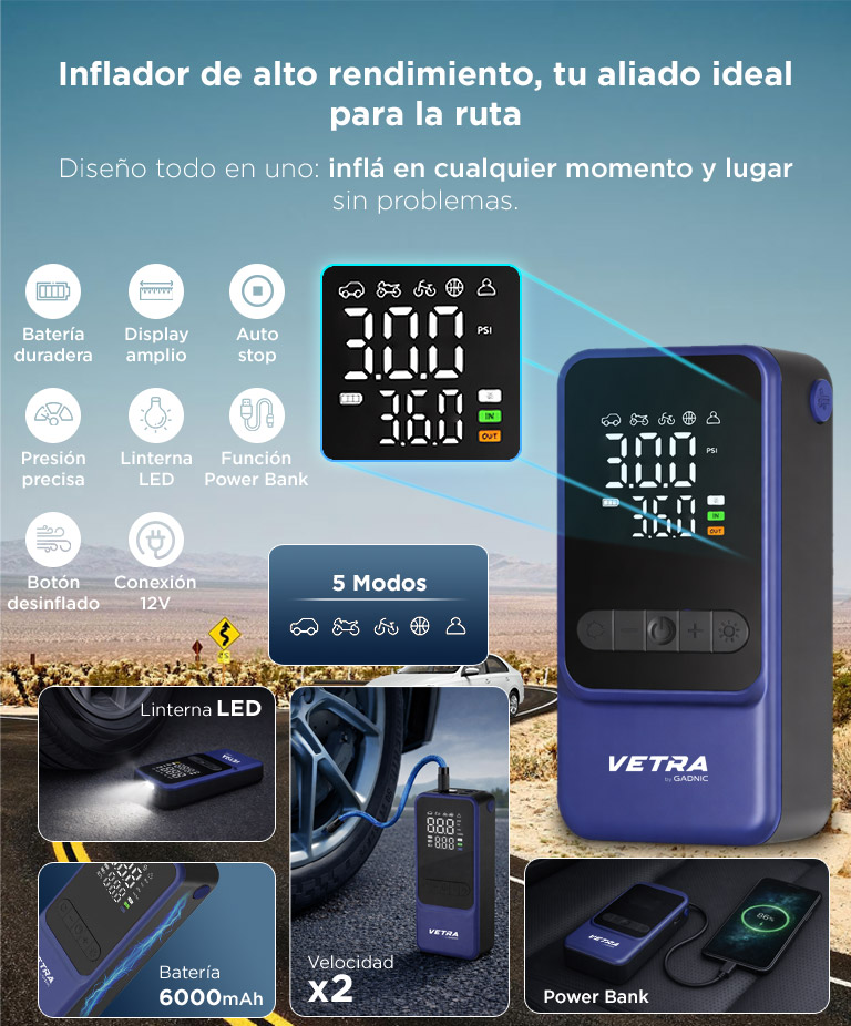 Inflador Portátil Vetra By Gadnic 150 PSI Digital Bateria Recargable Función Desinflado Linterna LED - Imagen 4