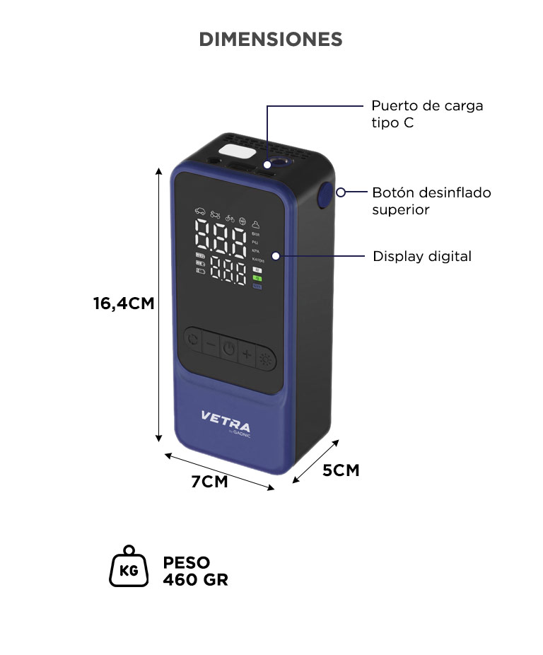 Inflador Portátil Vetra By Gadnic 150 PSI Digital Bateria Recargable Función Desinflado Linterna LED - Imagen 6