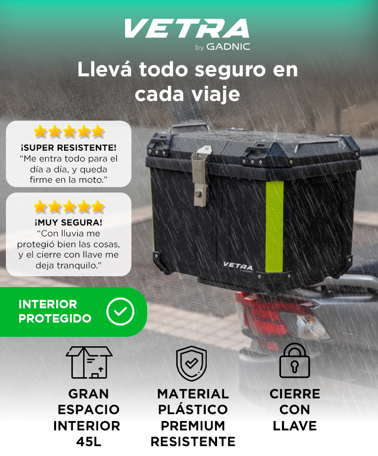 Baúl Trasero para Moto Vetra By Gadnic 45L Plástico Impermeable con Cierre Llave - Imagen 2