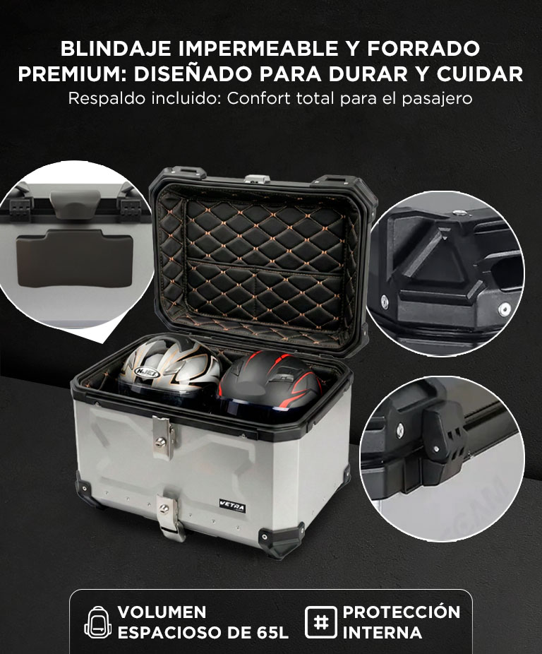 Baúl Top Case 65L Para Moto Vetra By Gadnic Trasero Aluminio Porta Casco - Imagen 3