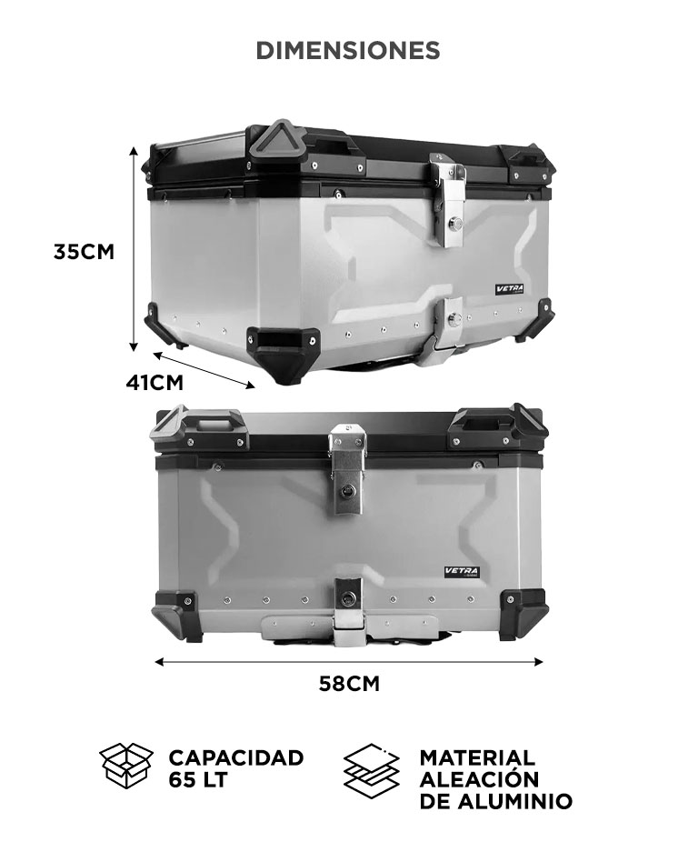 Baúl Top Case 65L Para Moto Vetra By Gadnic Trasero Aluminio Porta Casco - Imagen 6