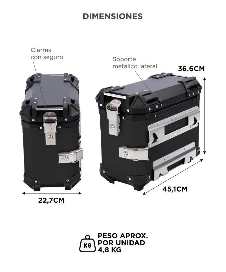 Kit x2 Baules Laterales Para Moto Vetra By Gadnic 38L Aluminio Equipaje Touring Universal - Imagen 6