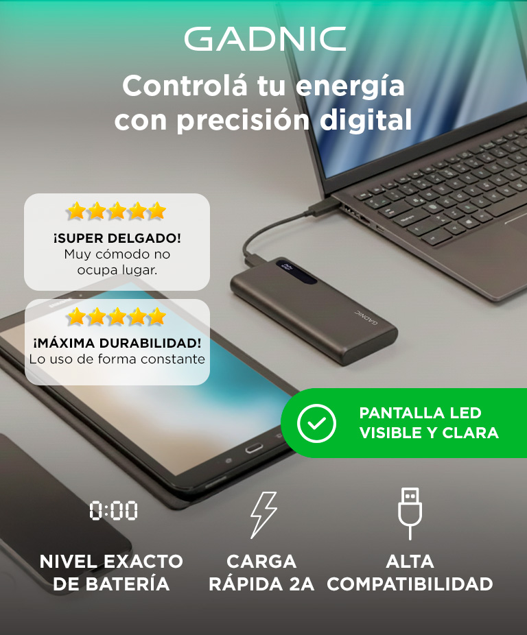 Cargador Portátil Gadnic BC-19 15000 mAh Power Bank Carga Rápida USB C - Imagen 2