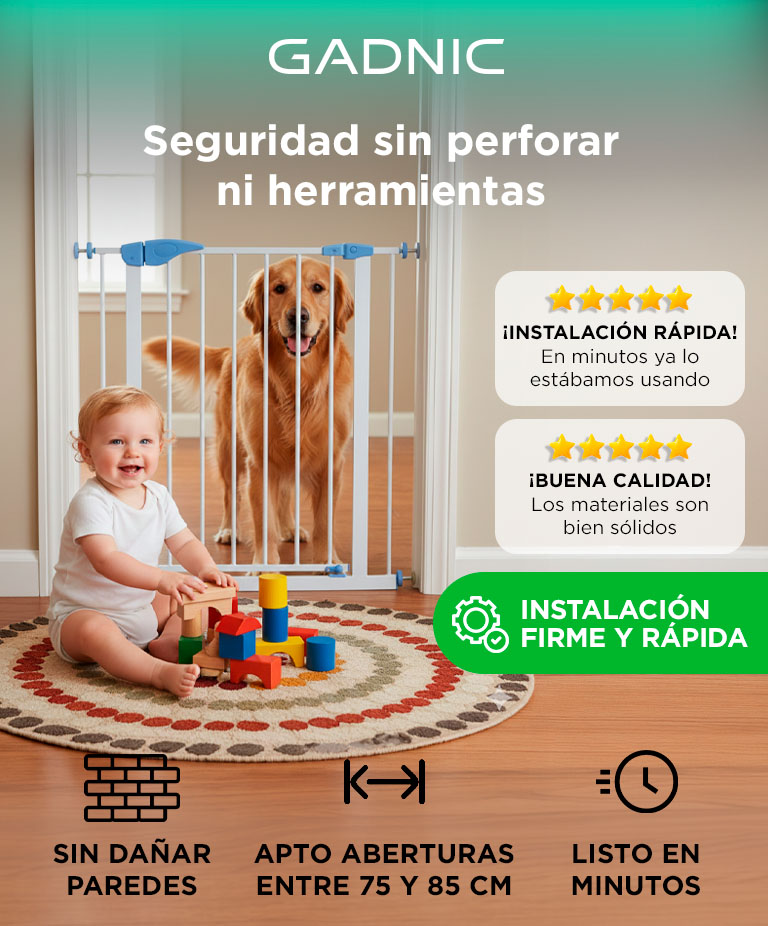 Puerta de Seguridad para Bebes y Mascotas Gadnic Ajustable Sin Perforar Doble Traba Cierre Automatico Doble Sentido Uso Interior - Imagen 2