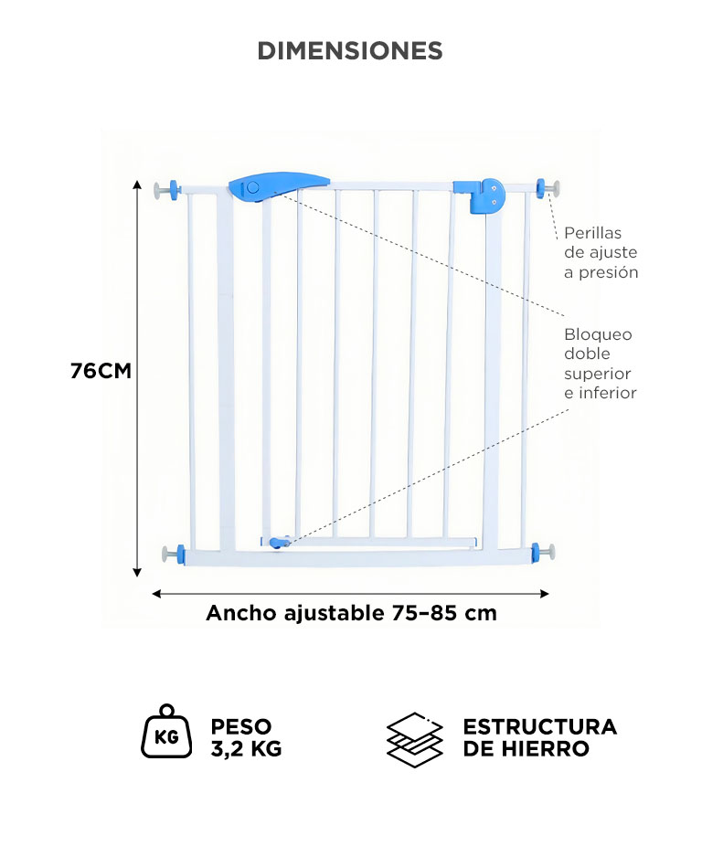 Puerta de Seguridad para Bebes y Mascotas Gadnic Ajustable Sin Perforar Doble Traba Cierre Automatico Doble Sentido Uso Interior - Imagen 6