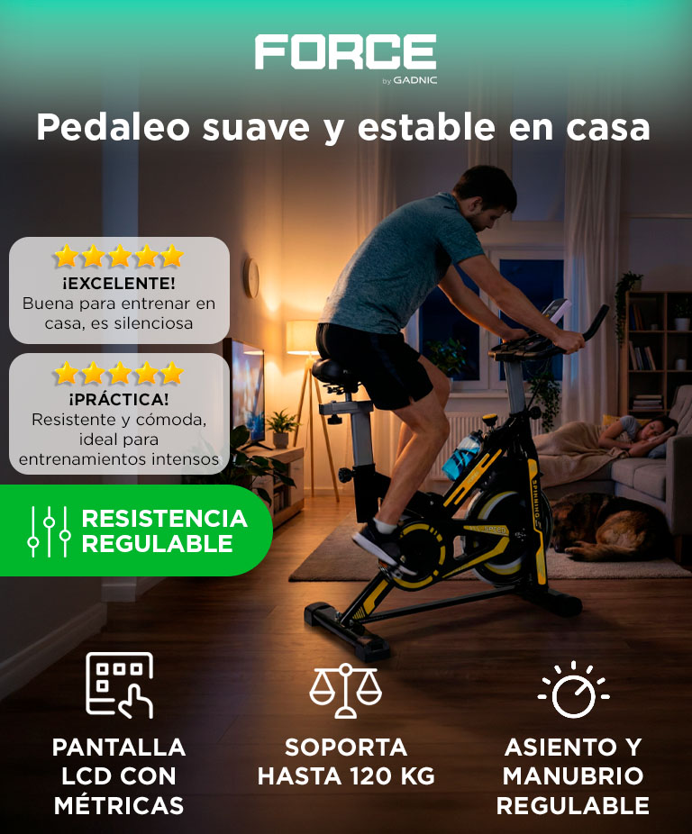 Bicicleta Fija De Spinning Force By Gadnic Disco De Inercia 6 Kg Con Amortiguador Display LCD Soporte De Botellas - Imagen 2