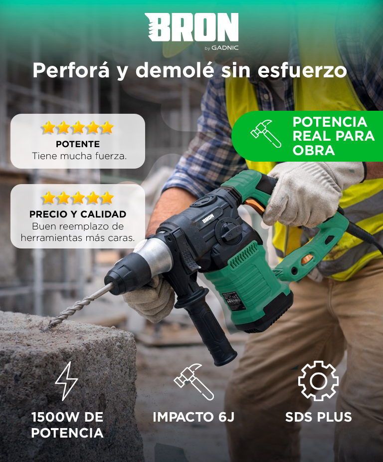Rotomartillo Bron by Gadnic 3 en 1 Alta Potencia 1500W Velocidad Ajustable SDS Plus 800 RPM 6J 230V 50Hz Kit Completo Broca Copa 60 mm - Imagen 2