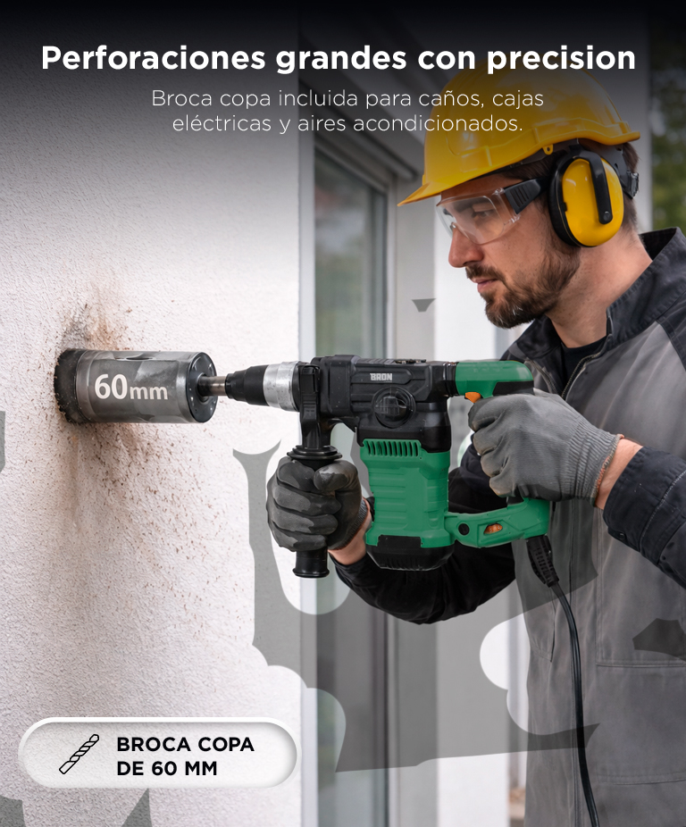 Rotomartillo Bron by Gadnic 3 en 1 Alta Potencia 1500W Velocidad Ajustable SDS Plus 800 RPM 6J 230V 50Hz Kit Completo Broca Copa 60 mm - Imagen 3