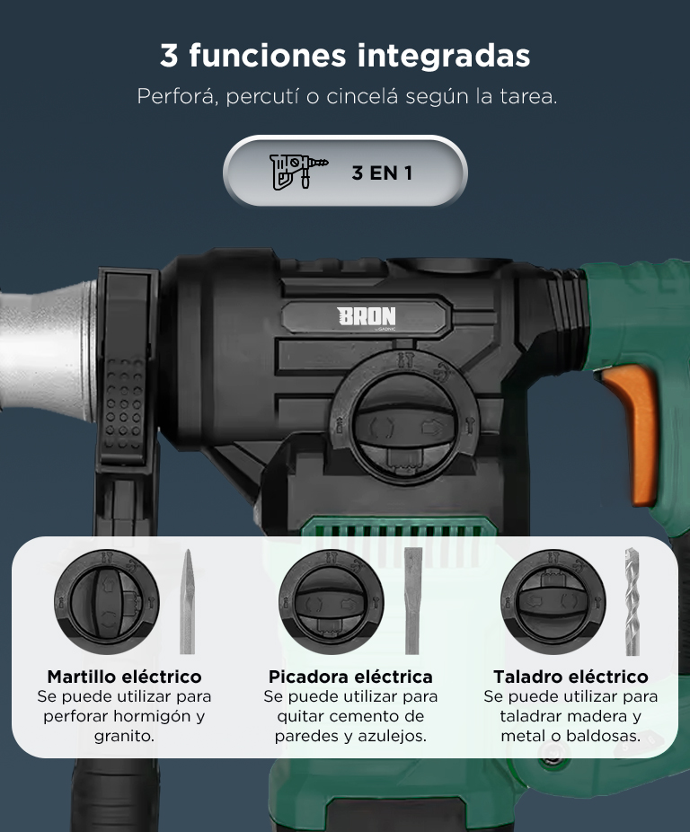 Rotomartillo Bron by Gadnic 3 en 1 Alta Potencia 1500W Velocidad Ajustable SDS Plus 800 RPM 6J 230V 50Hz Kit Completo Broca Copa 60 mm - Imagen 4