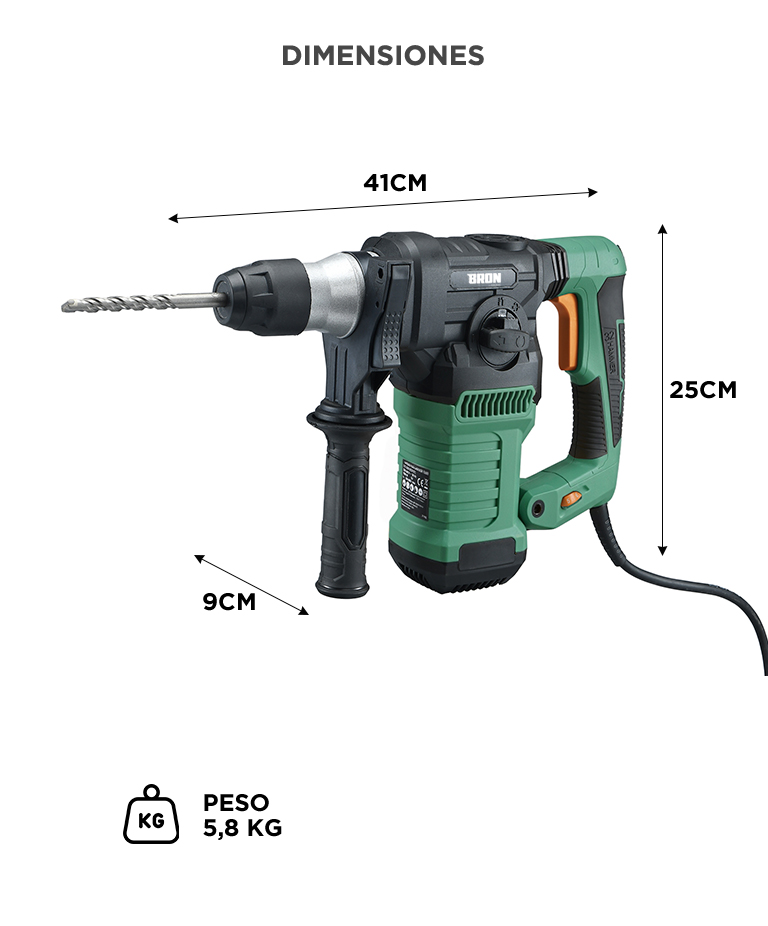 Rotomartillo Bron by Gadnic 3 en 1 Alta Potencia 1500W Velocidad Ajustable SDS Plus 800 RPM 6J 230V 50Hz Kit Completo Broca Copa 60 mm - Imagen 6
