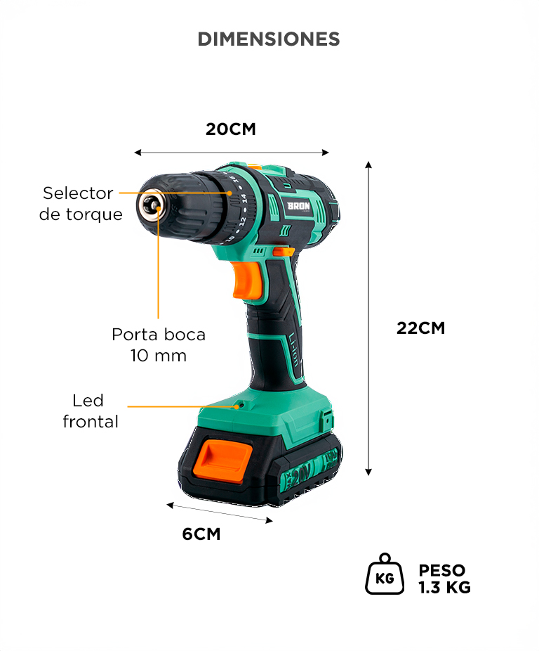 Taladro Bron By Gadnic 20 V Inalámbrico Profesional Luz LED - Imagen 6