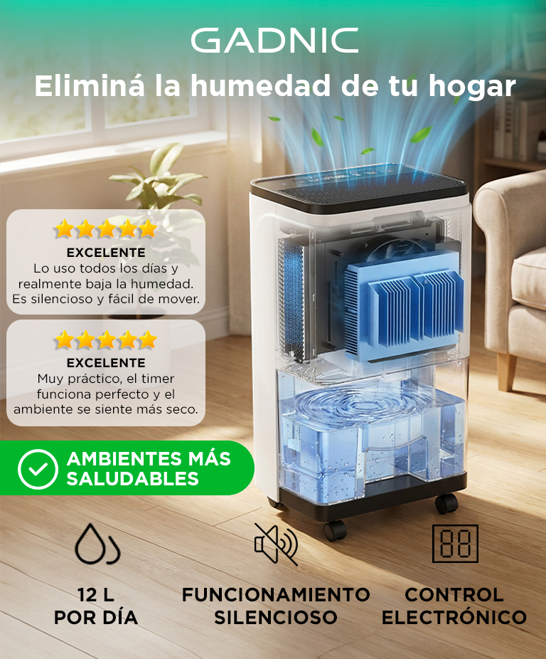 Deshumidificador Electrico Gadnic 12L Dia 210W Tanque 25L Control Digital Temporizador 24h 46 dB R290 15 m2 - Imagen 2