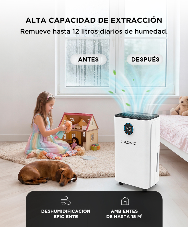 Deshumidificador Electrico Gadnic 12L Dia 210W Tanque 25L Control Digital Temporizador 24h 46 dB R290 15 m2 - Imagen 3