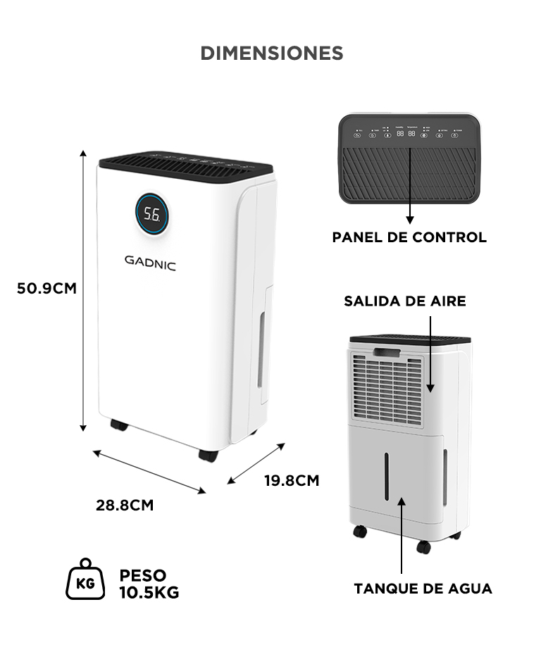 Deshumidificador Electrico Gadnic 12L Dia 210W Tanque 25L Control Digital Temporizador 24h 46 dB R290 15 m2 - Imagen 6