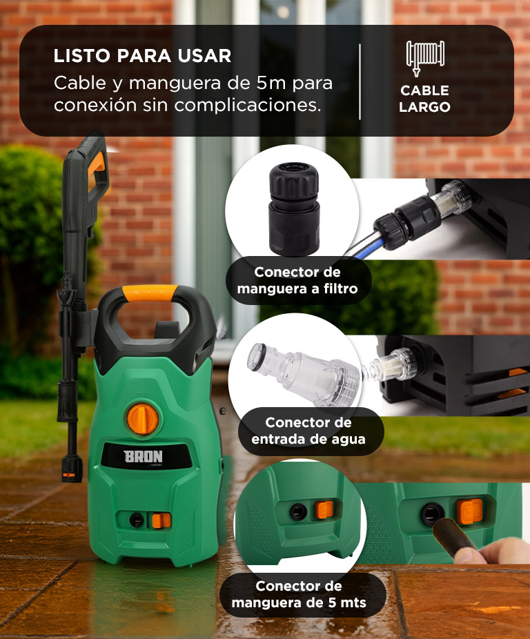 Hidrolavadora Bron By Gadnic Electrica 1400W Alta Presion Caudal 65Lmin Compacta - Imagen 4