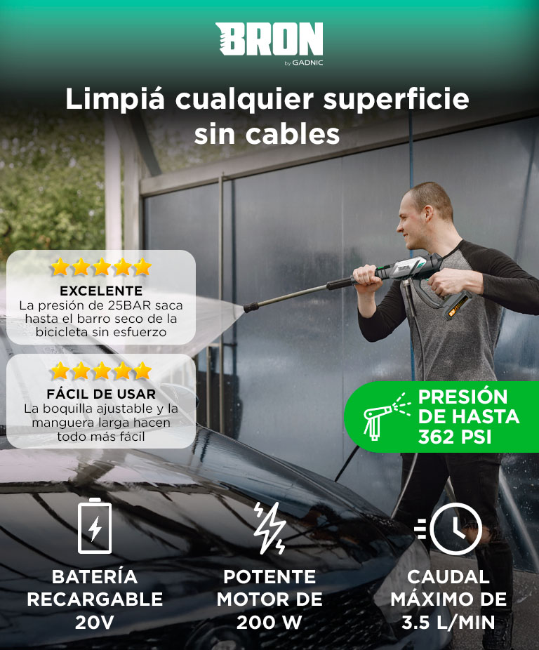 Pistola Hidrolavadora Bron by Gadnic 200W 20V 25 bar 362 PSI IPX5 Alta Presion Electrica Portatil - Imagen 2