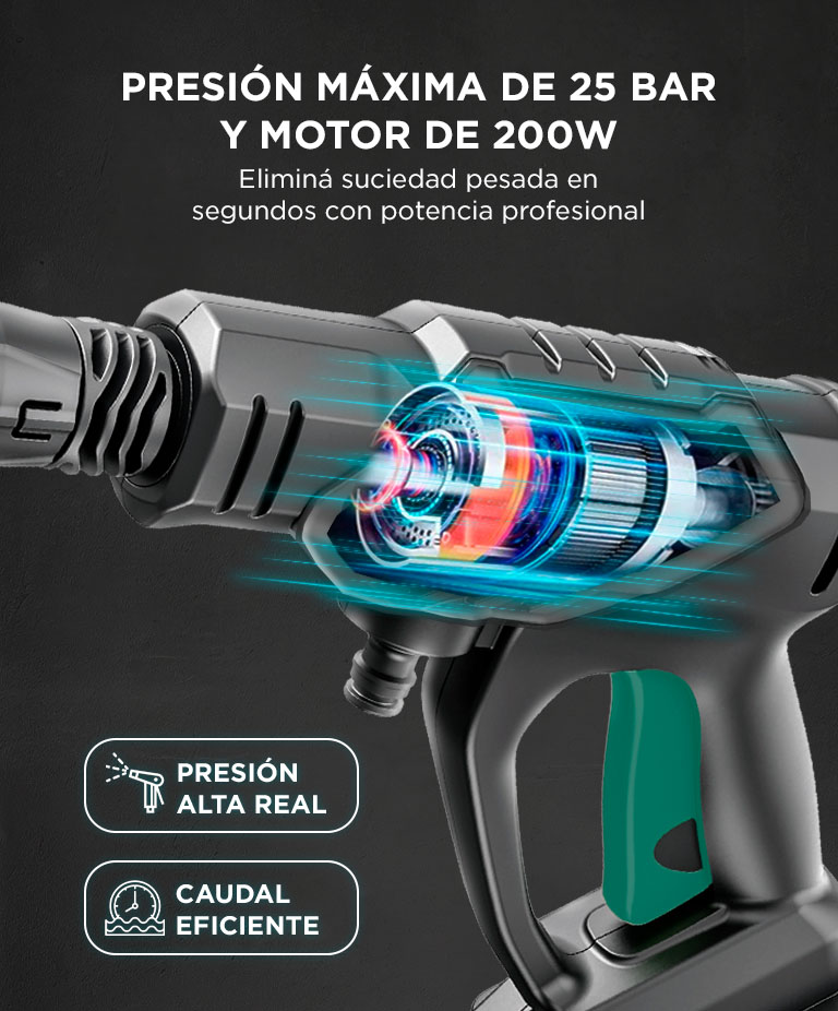 Pistola Hidrolavadora Bron by Gadnic 200W 20V 25 bar 362 PSI IPX5 Alta Presion Electrica Portatil - Imagen 3